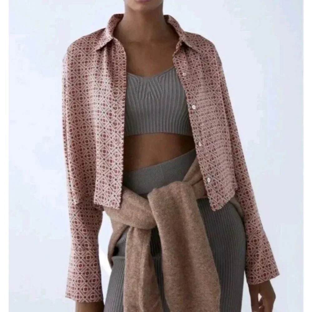 Zara Satin Tan Floral Women's Crop Top Long Cuff Sleeve Button Down Size XS